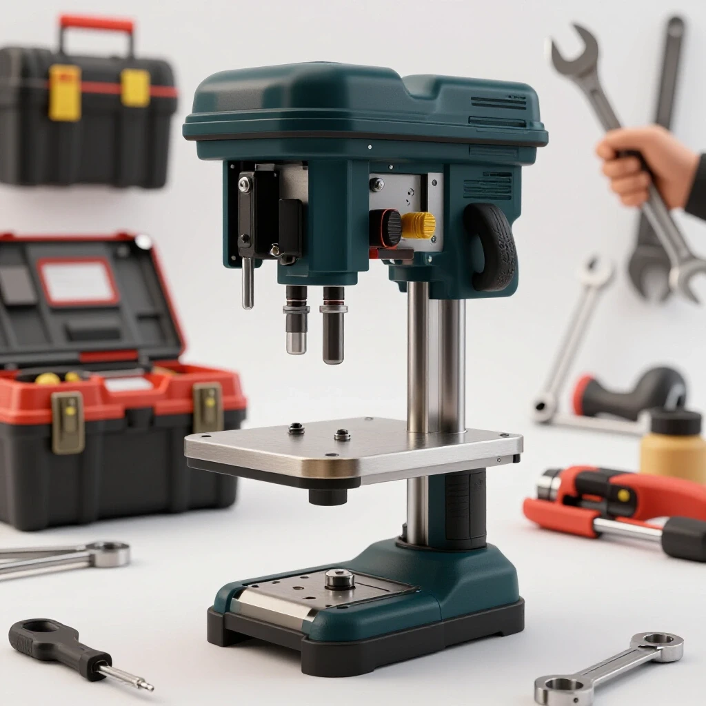 Close-up of a budget benchtop drill press surrounded by various DIY tools, showcasing repair solutions.
