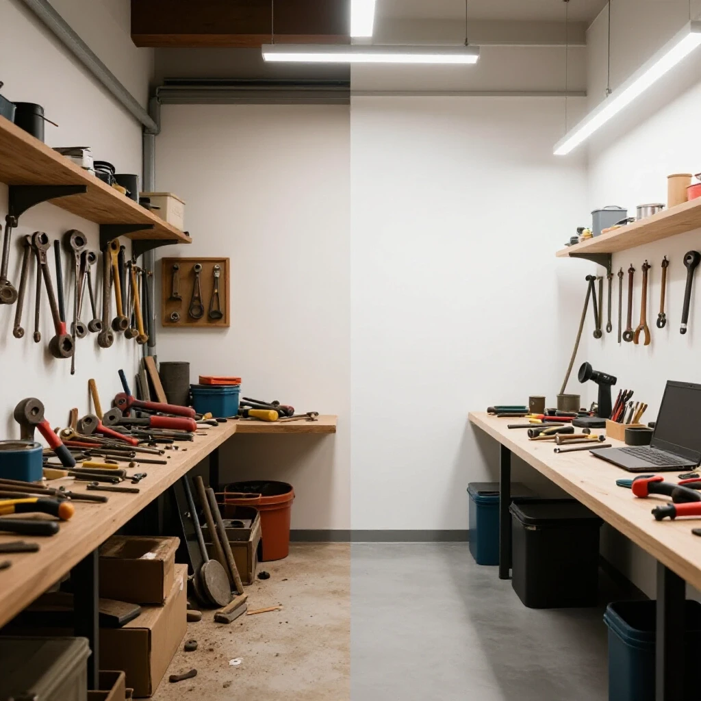 A split image comparing a chaotic, cluttered workshop to a sleek, organized workspace highlighting workshop upgrade mistakes.