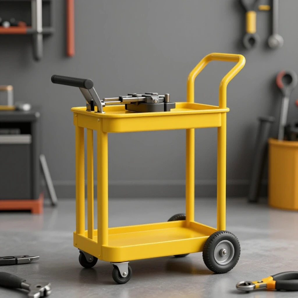 A compact magnetic clamp holder cart in vibrant yellow, surrounded by blurred workshop tools, showcasing DIY fabrication.