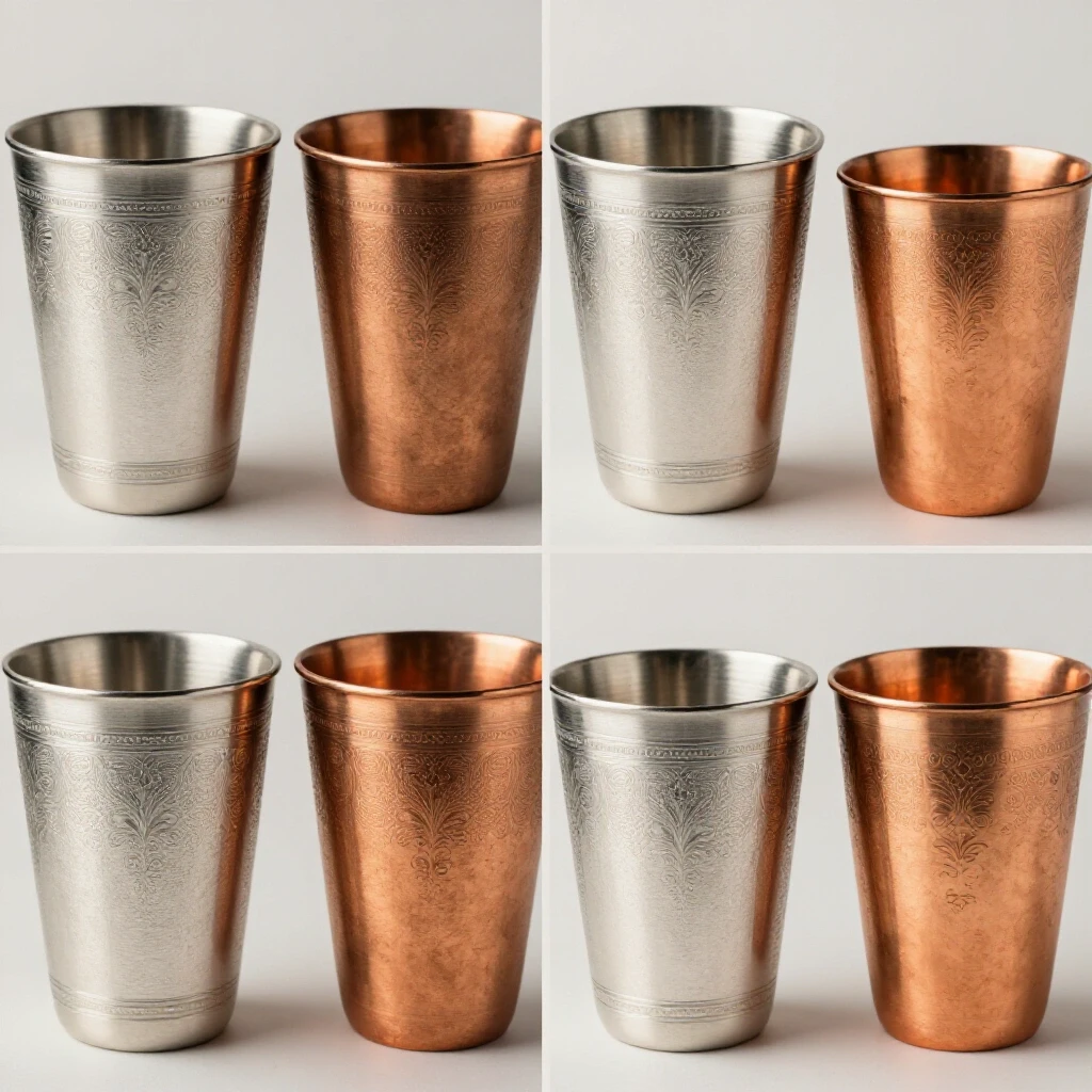 Engraved cups made of aluminum, stainless steel, and copper showcasing intricate details against a soft background.