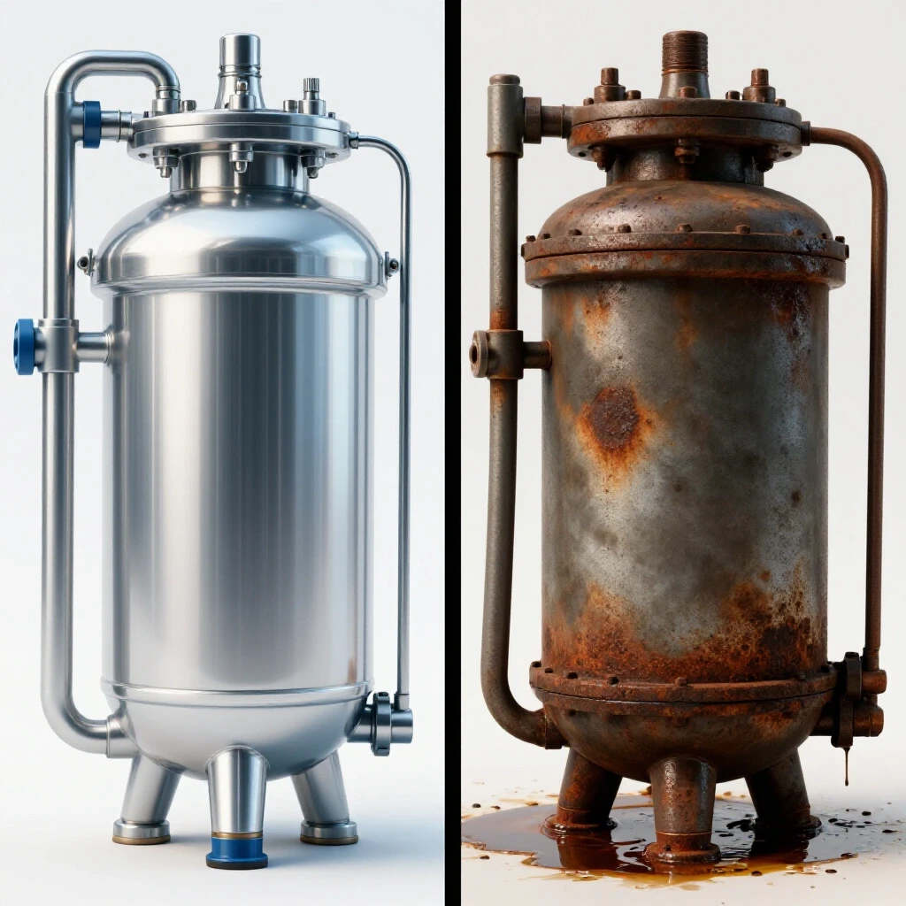 A split view of a compressor water oil separator system showing a shiny, functional separator on one side and a rusty, leaking one on the other.