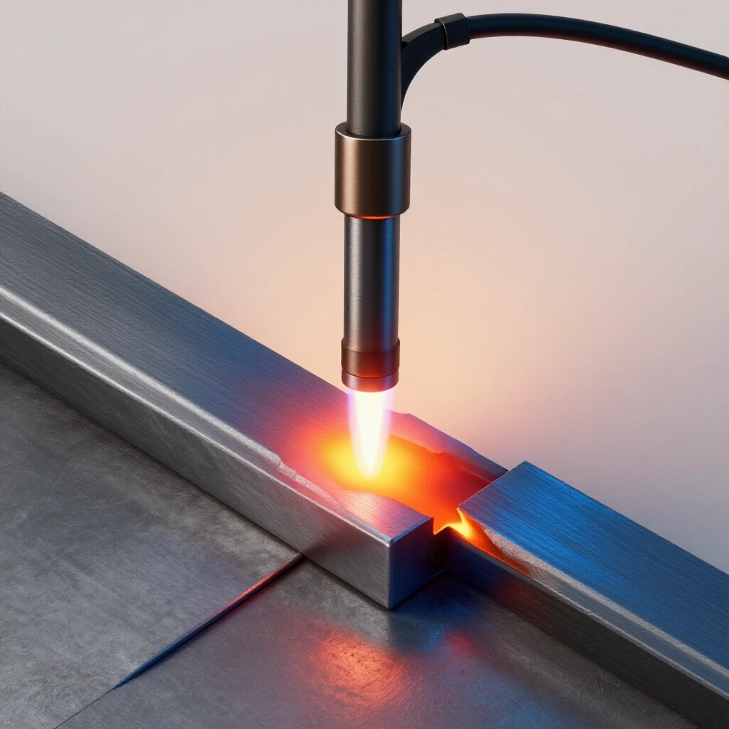 Close-up of a welding torch with flames highlighting precision control over heat application on metal.