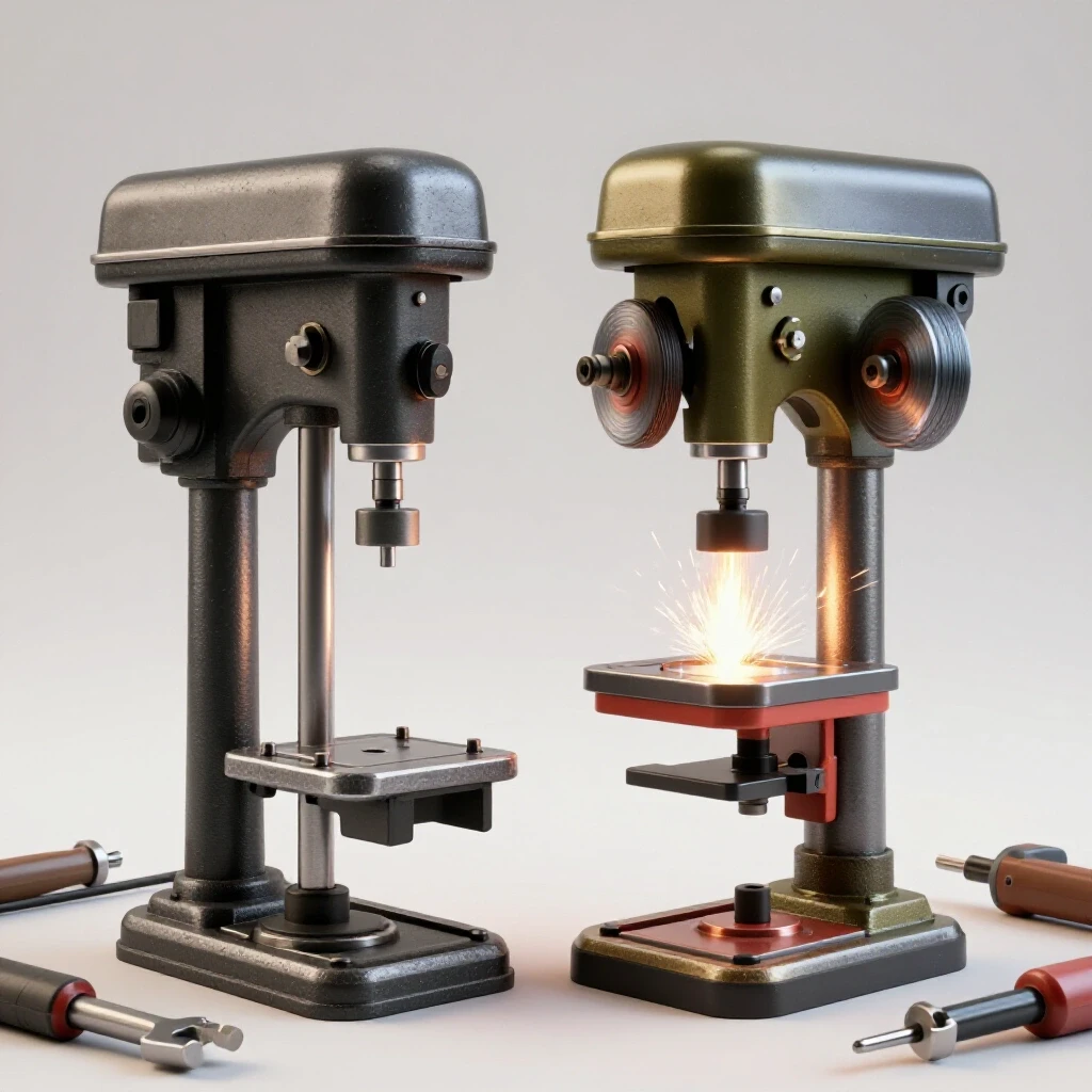 A visually dynamic image showing a traditional drill press on the left, contrasting with a polished drill press equipped with polishing wheels on the right, highlighting the transformation.