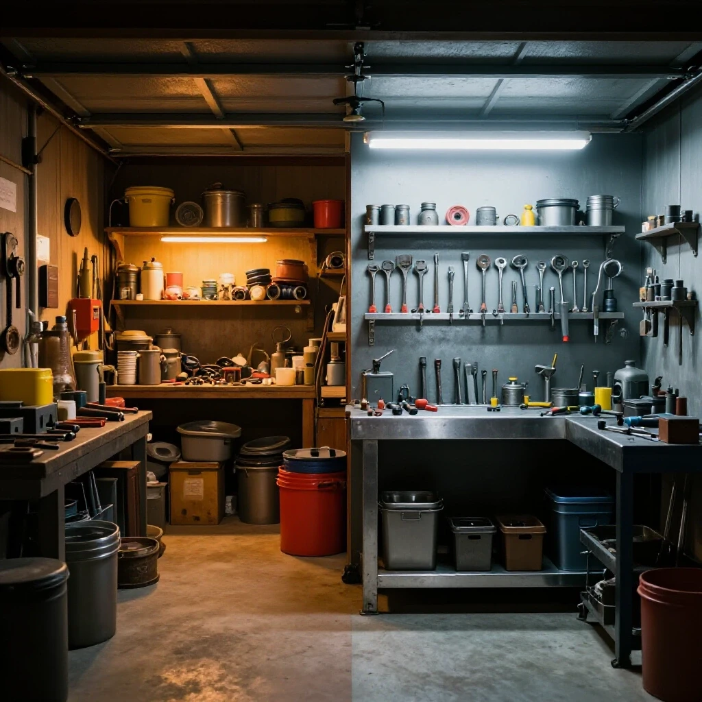 A visual comparison of a cluttered garage transitioning into an organized metal workshop, showcasing tool readiness.