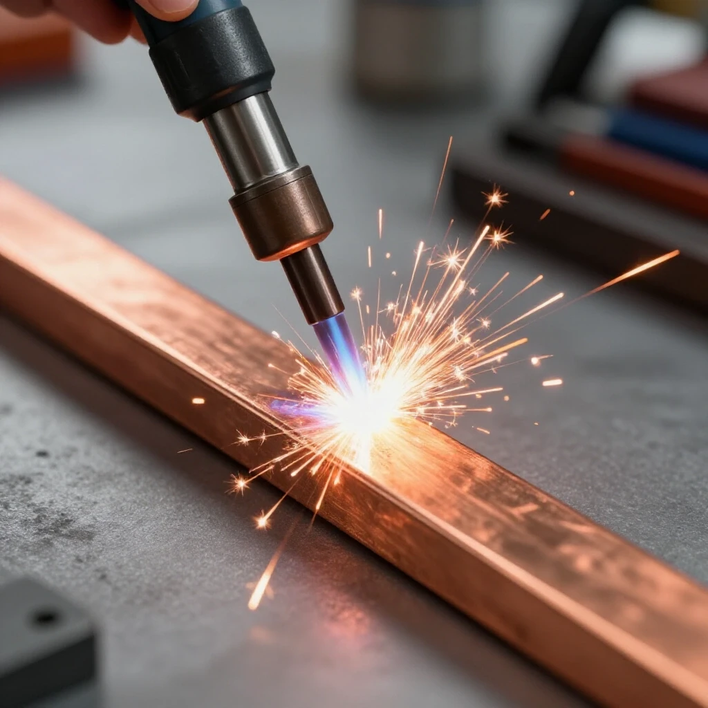 Close-up of a copper backing bar during welding, with bright sparks flying and a blurred workshop background.