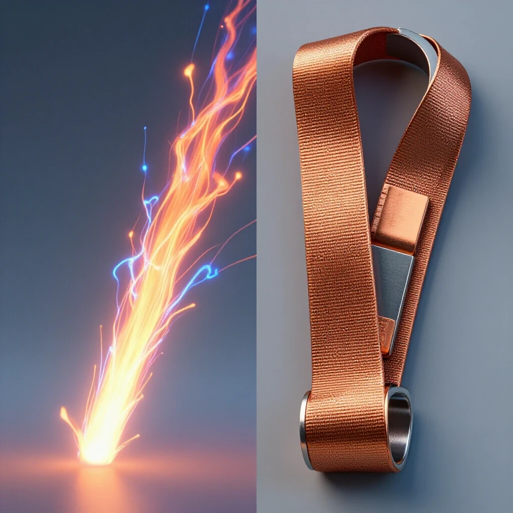 A striking visual of a glowing plasma arc next to a shiny copper grounding strap, showcasing their vibrant contrast.