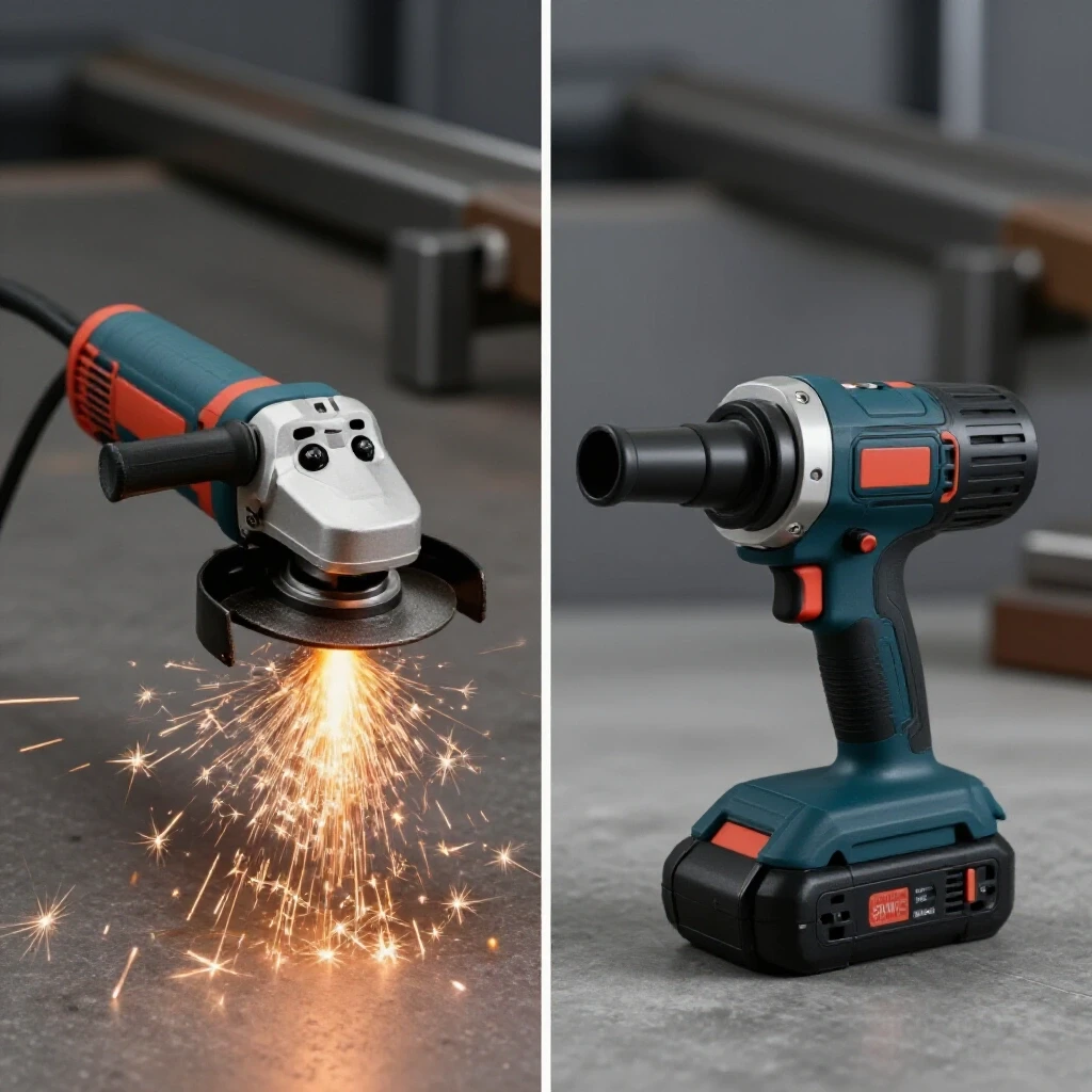 Split image featuring an industrial corded angle grinder with sparks and a modern cordless angle grinder against metalwork pieces.
