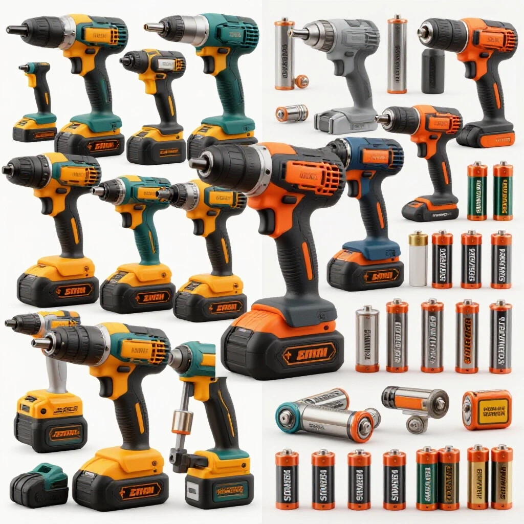 A vibrant display of cordless power tools next to an organized array of batteries highlighting compatibility and choice.