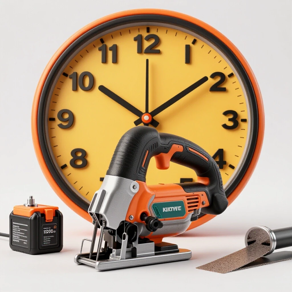 Cordless reciprocating saw in action with a vibrant clock representing time efficiency and a battery charging, illustrating power and performance.