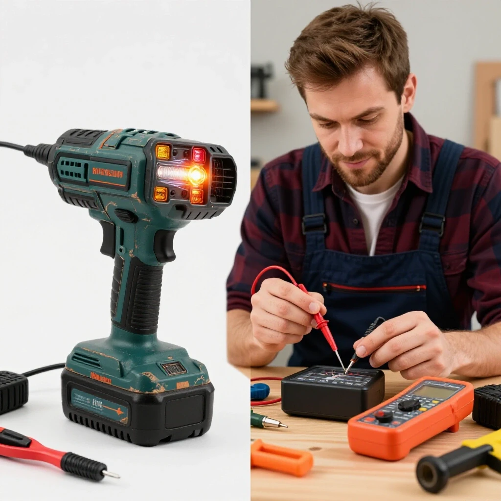 A split image showing a faulty cordless tool charger with warning lights and a DIYer testing it with a multimeter, surrounded by tools.