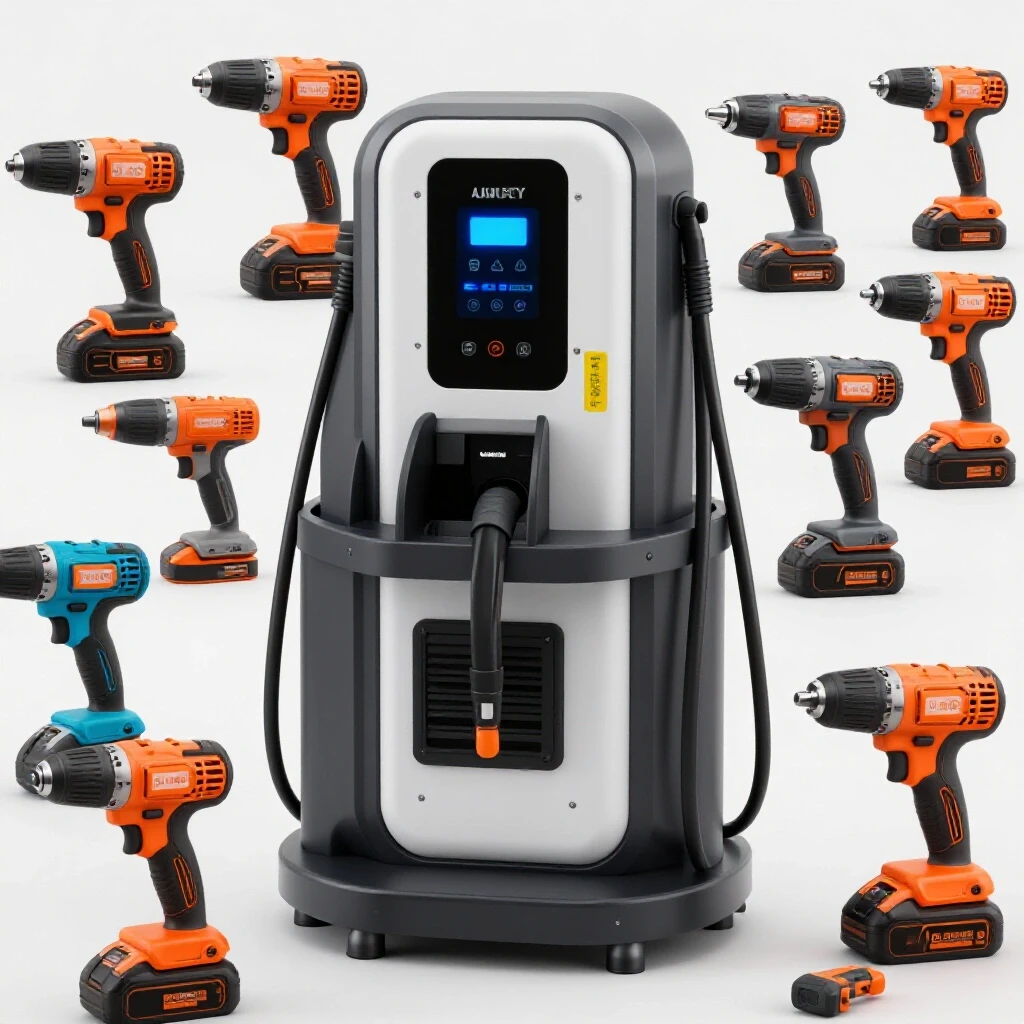 A modern cordless tool charging station featuring bright colors and organized tool storage in a well-lit setting.