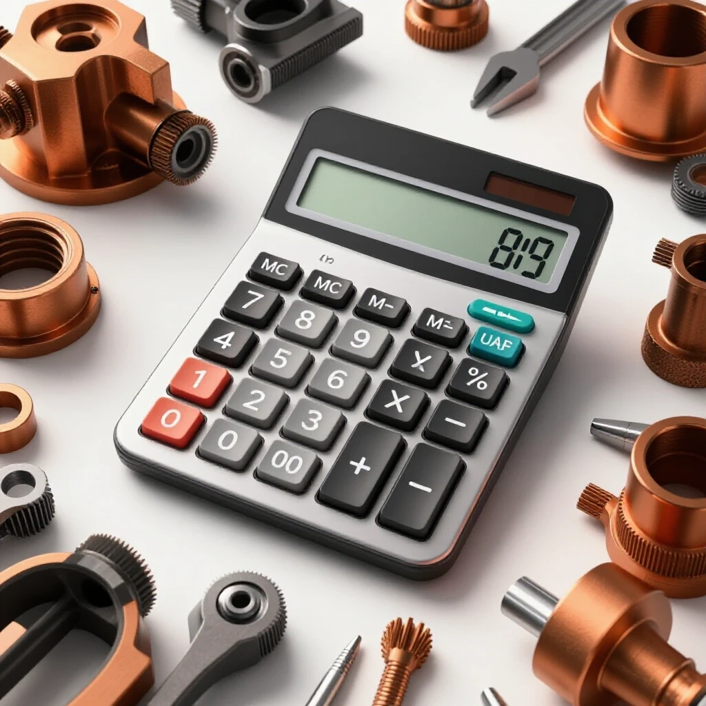 A modern calculator centered with intricate metal components and tools, showcasing precision in metal fabrication.
