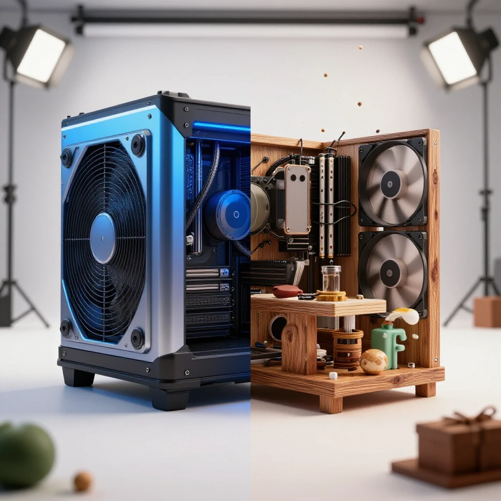 Visual juxtaposition of a modern cooling system and a DIY cooling solution demonstrating cost-effective cooling methods.