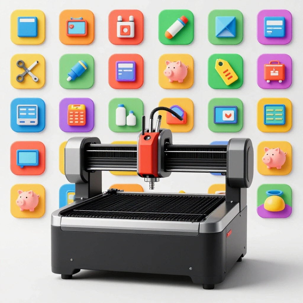 A high-end laser engraving machine showcased with budget tools and savings symbols, highlighting cost-effective solutions.