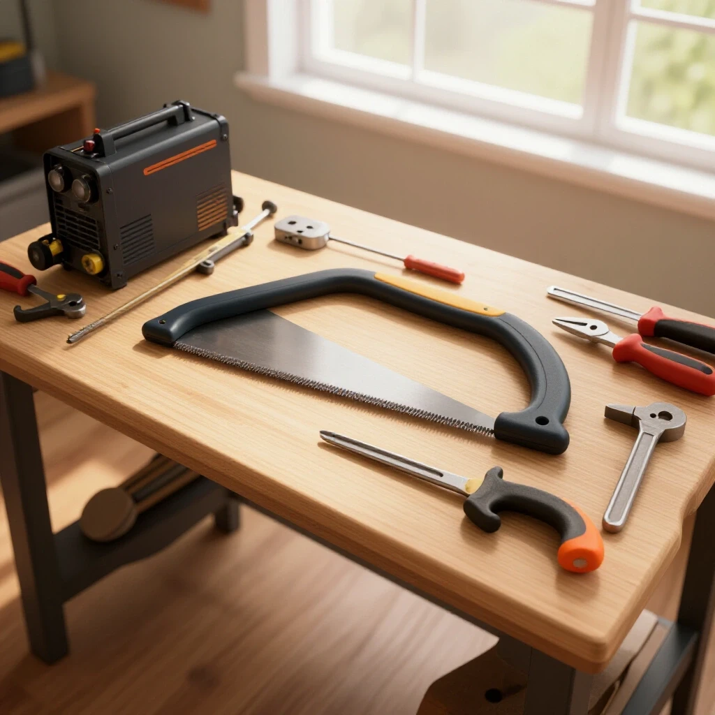 A bright and organized home workshop displaying metalworking tools on a workbench with natural light.