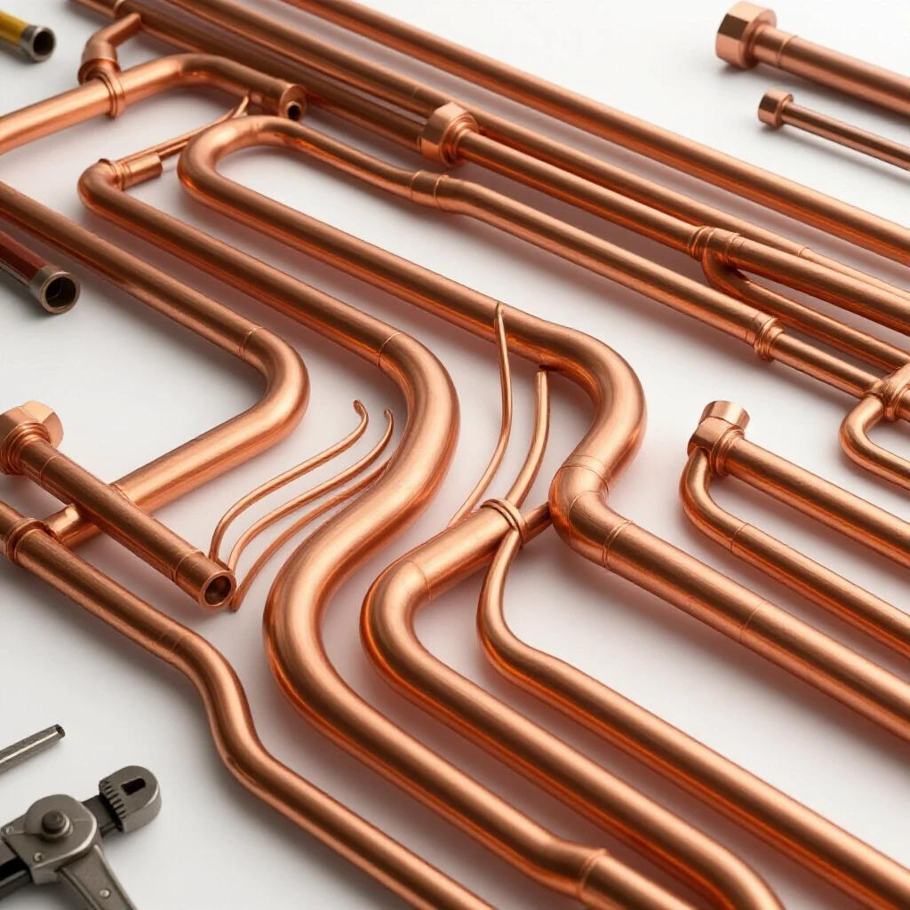 Dynamic arrangement of copper pipes representing air distribution systems in a bright workshop setting.
