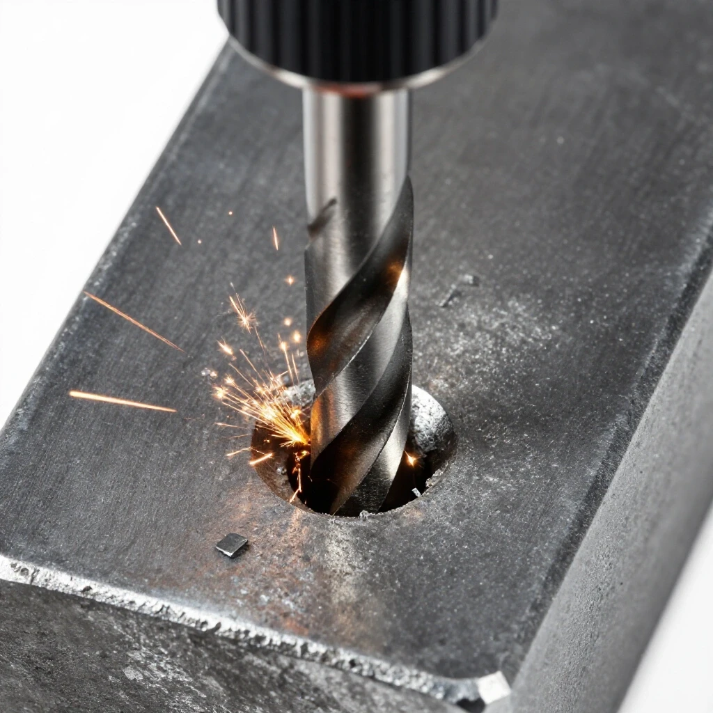 Close-up of a drill bit countersinking a screw hole in hard steel, with sparks and shavings visible, highlighting DIY metalworking.