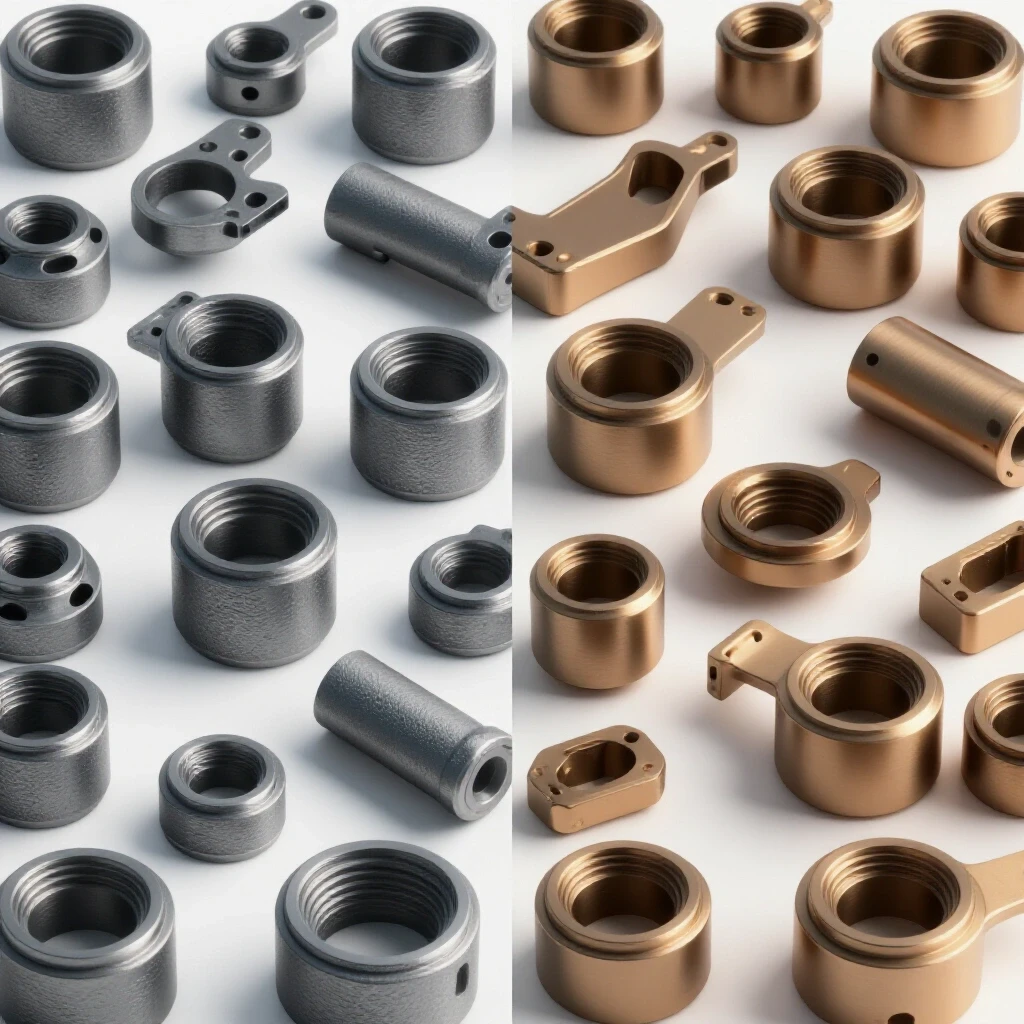 A 3D-rendered image showcasing a split-screen of raw metal parts and creatively finished components, emphasizing transformation.