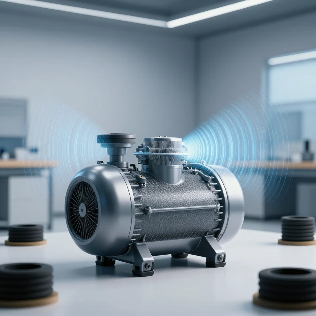High-tech compressor with vibration waves in a serene workshop, highlighting vibration control solutions.