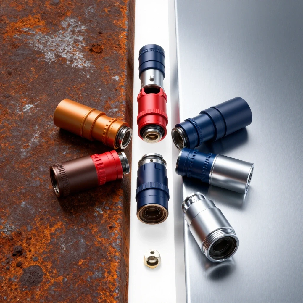 An image depicting a rusty metal surface transitioning to polished metal, with DIY adapters illustrating creative solutions for corrosion.