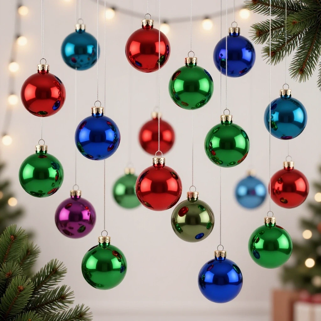 Vibrant anodized aluminum holiday ornaments in rich colors displayed against fairy lights backdrop.