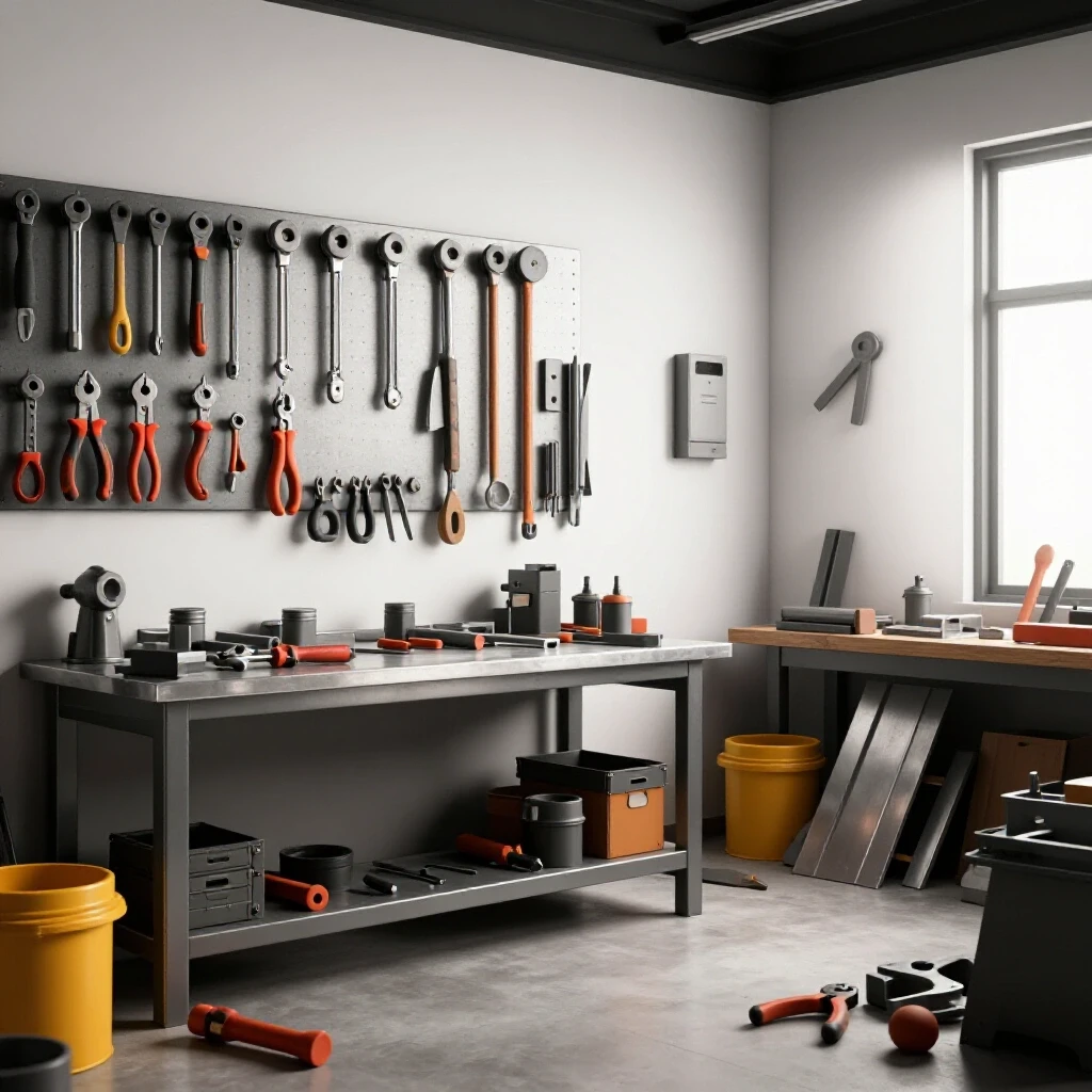 A well-organized metal workshop juxtaposed with a chaotic workspace, showcasing the importance of order in tool setup.