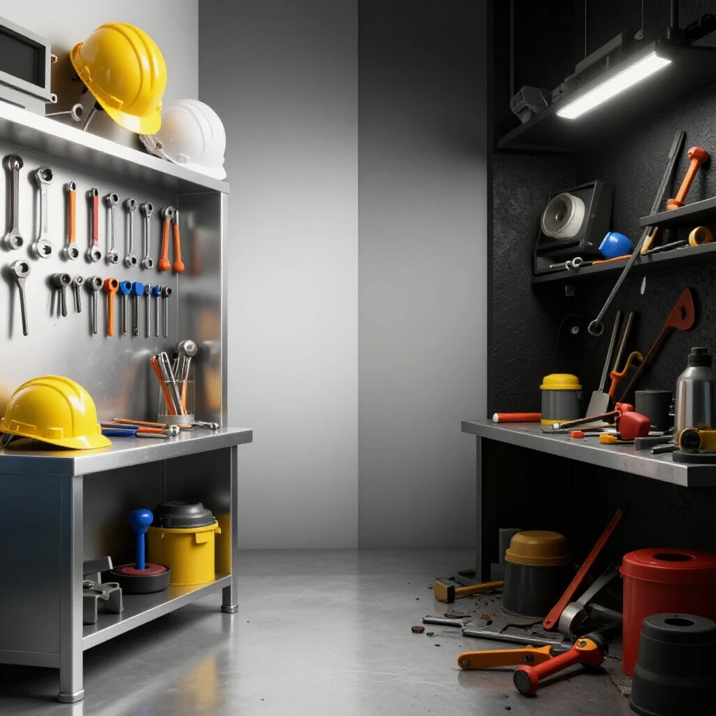 A contrasting image showcasing a well-organized, brightly lit metal workshop with safety gear and a chaotic dark workspace filled with hazardous tools.
