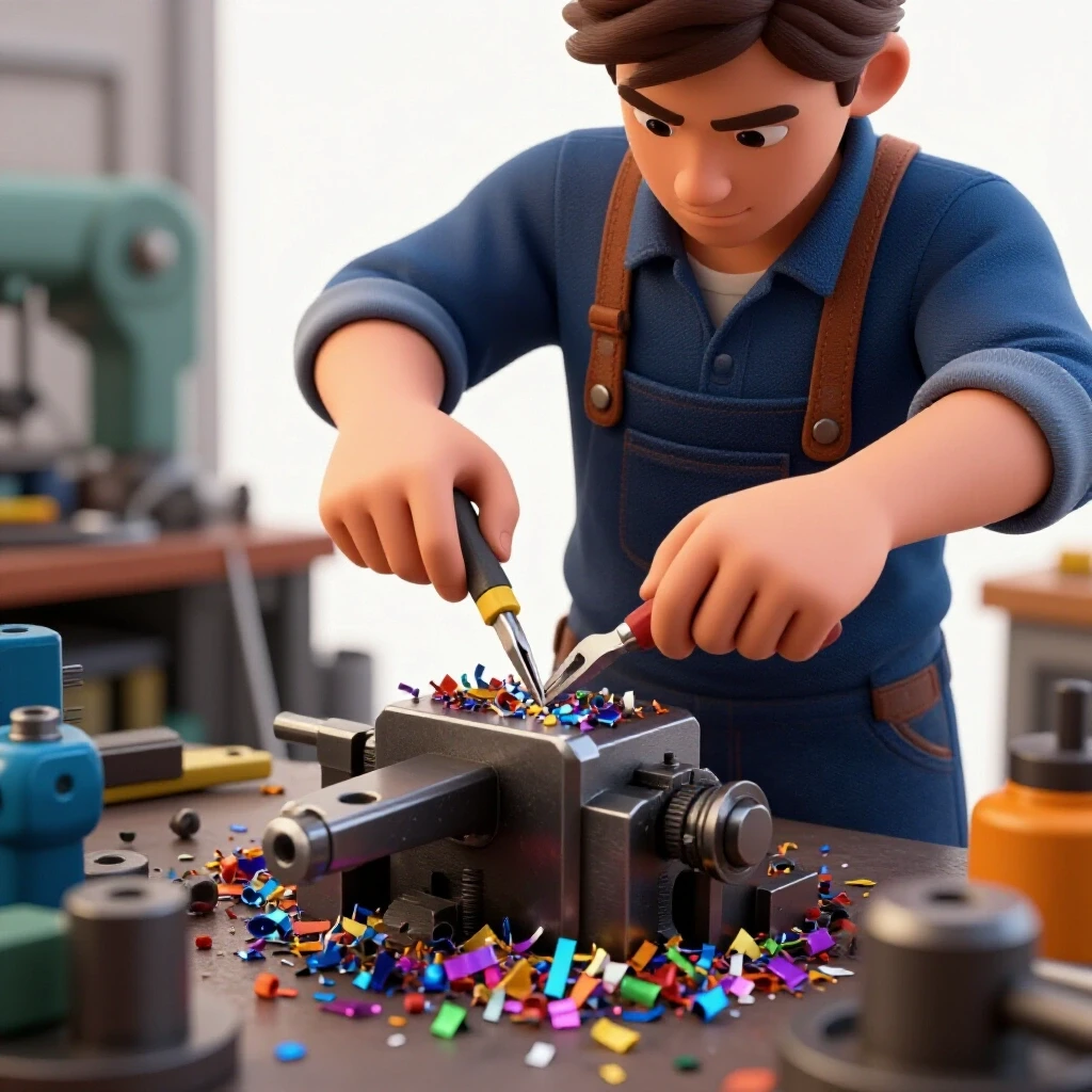 A skilled metalworker repairing a machine with close-up details of hands and colorful metal shavings.