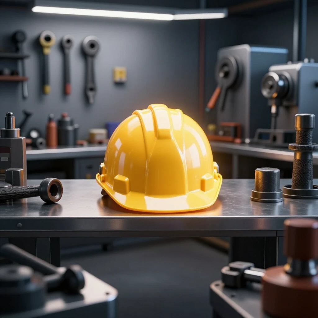 A bright metal workshop featuring a glowing safety helmet surrounded by dark tools, emphasizing safety.