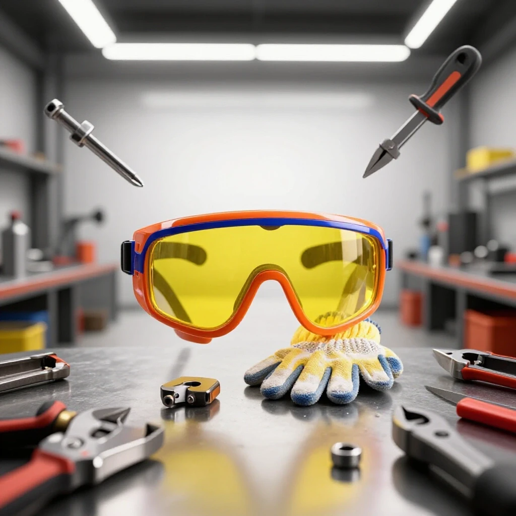 A bright metalworking shop featuring safety equipment like goggles and gloves against a chaotic workspace background.