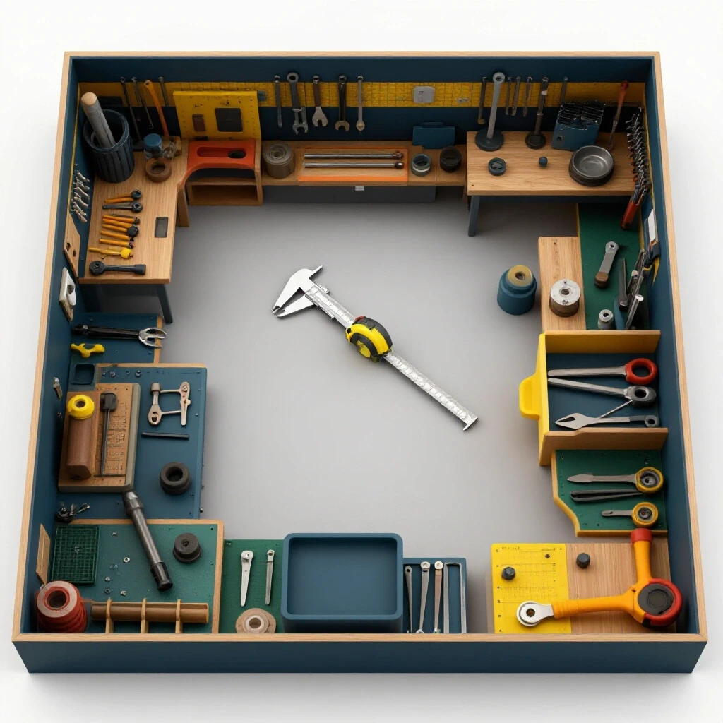 A detailed workshop layout highlighting different tool zones, showing precision measurements with vibrant colors.