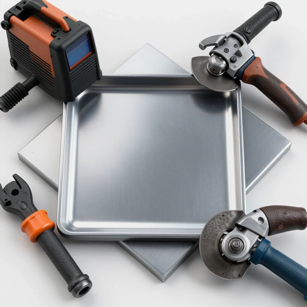 A composition showcasing a steel plate with essential tools for fabrication including a welder, plasma cutter, and metal grinder.