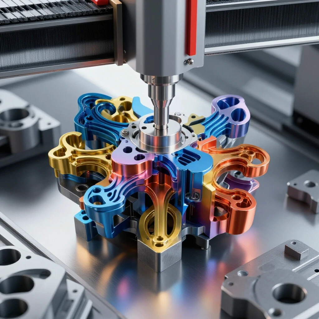 Intricate CNC machined metal designs juxtaposed with raw metal materials, showcasing custom fabrication.