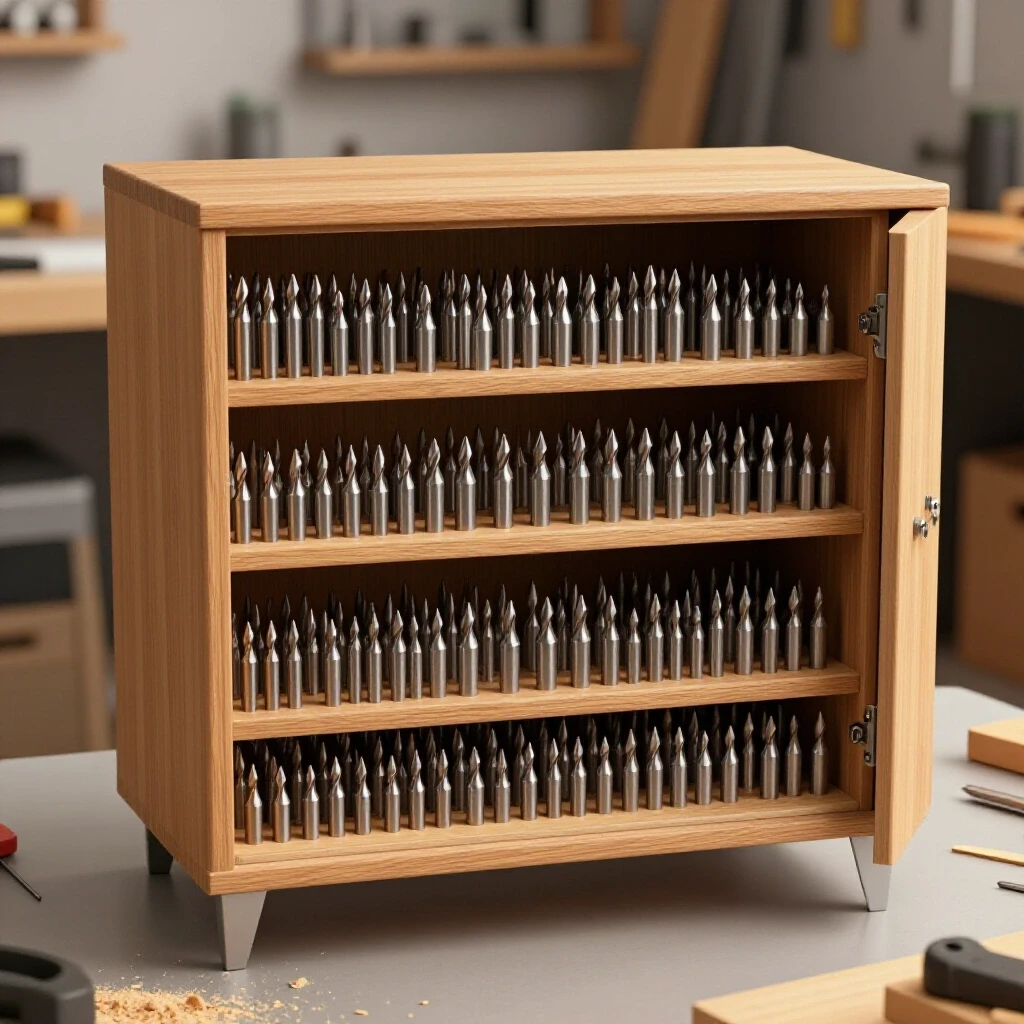 An open cabinet filled with diverse custom metal drill bits in a bright workshop setting.