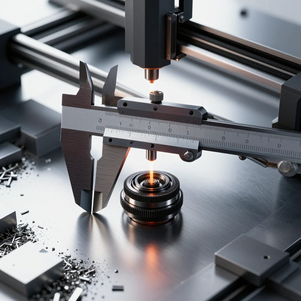 A close-up of a precision caliper and laser cutter set against raw metal sheets, highlighting DIY metal fabrication accuracy.