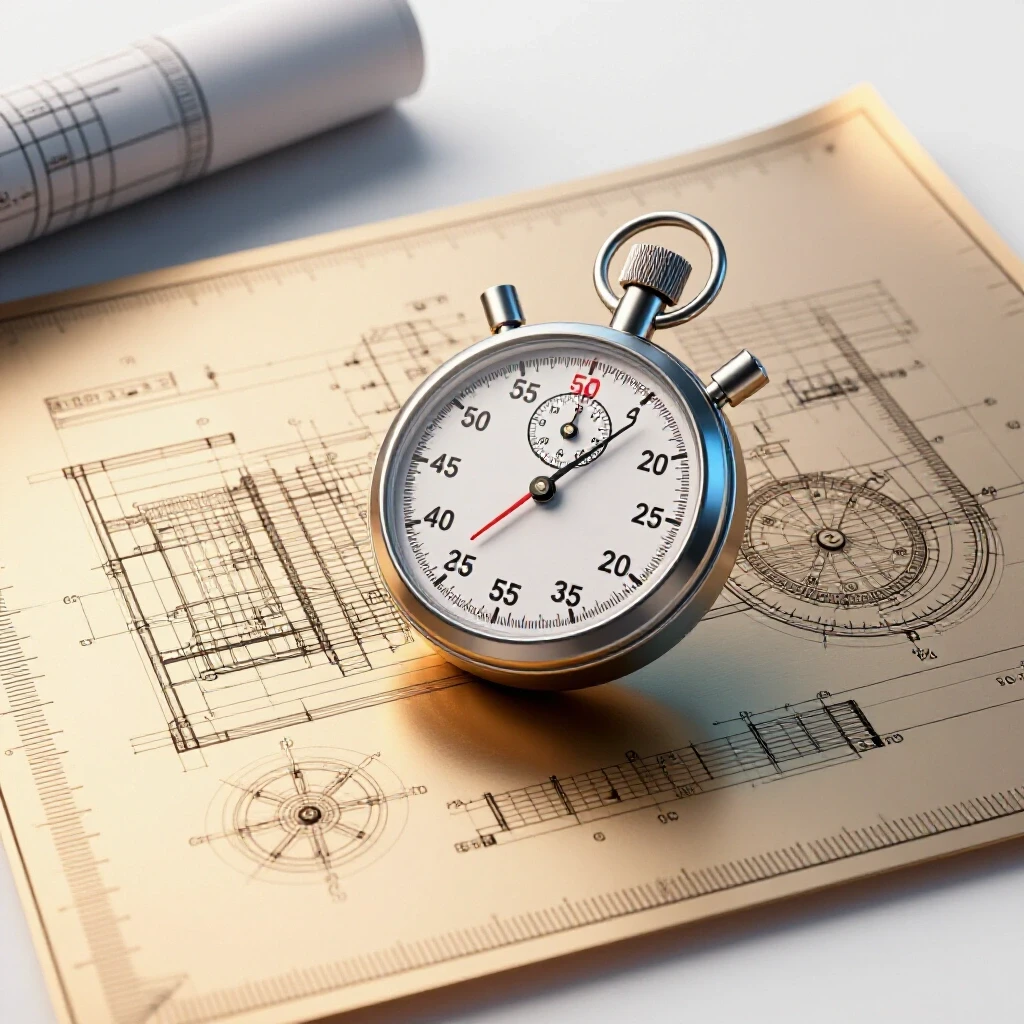 3D-rendered image of a detailed metal project blueprint next to a stopwatch, emphasizing time management in fabrication.