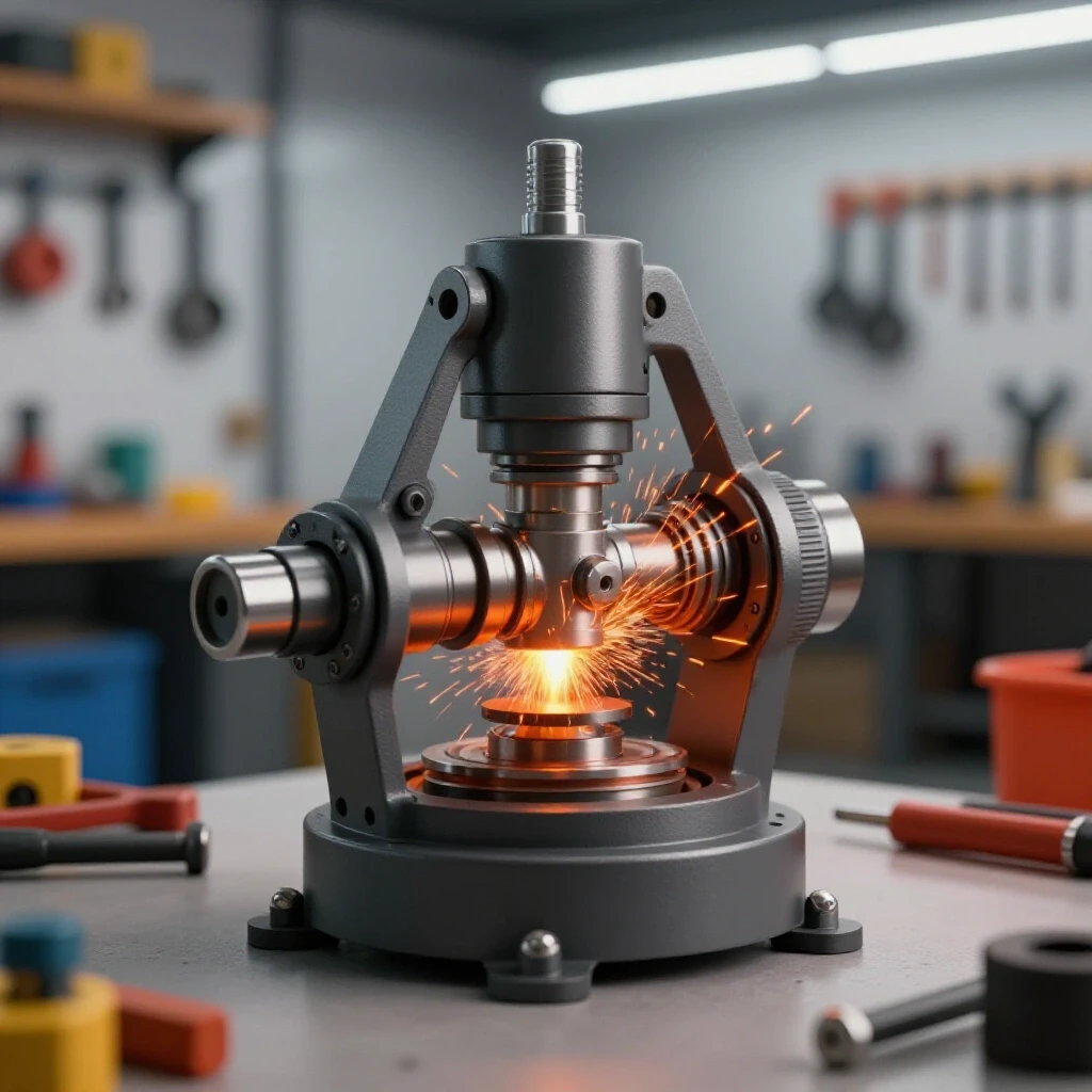 A custom motorized pipe welding rotator showcased in a vibrant workshop setting filled with tools, highlighted by dynamic lighting.