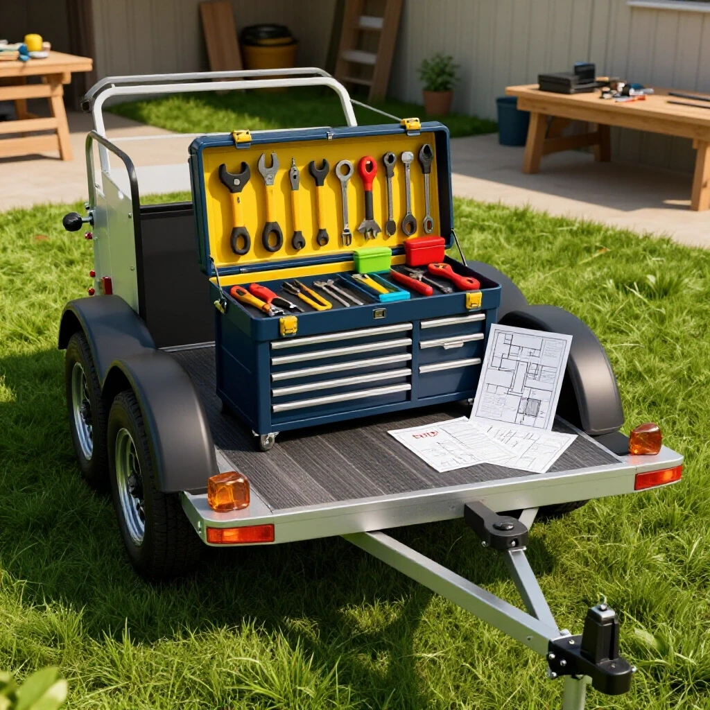 A well-organized, vibrant tool trailer on a grassy workshop site, showcasing a toolbox filled with tools and DIY plans.