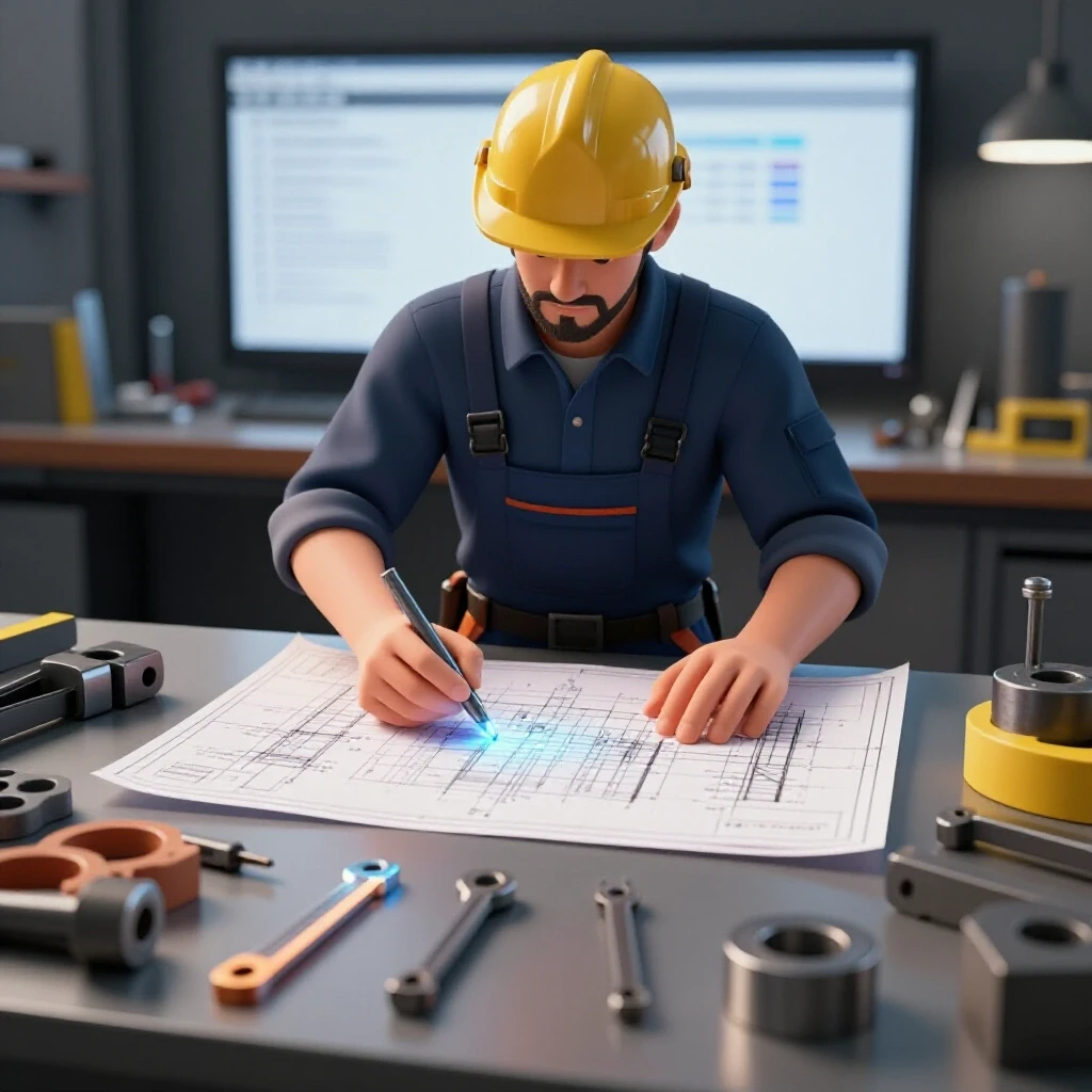 A steelworker examines blueprints on a bench, surrounded by glowing tools and custom parts, showcasing the art of steel fabrication.