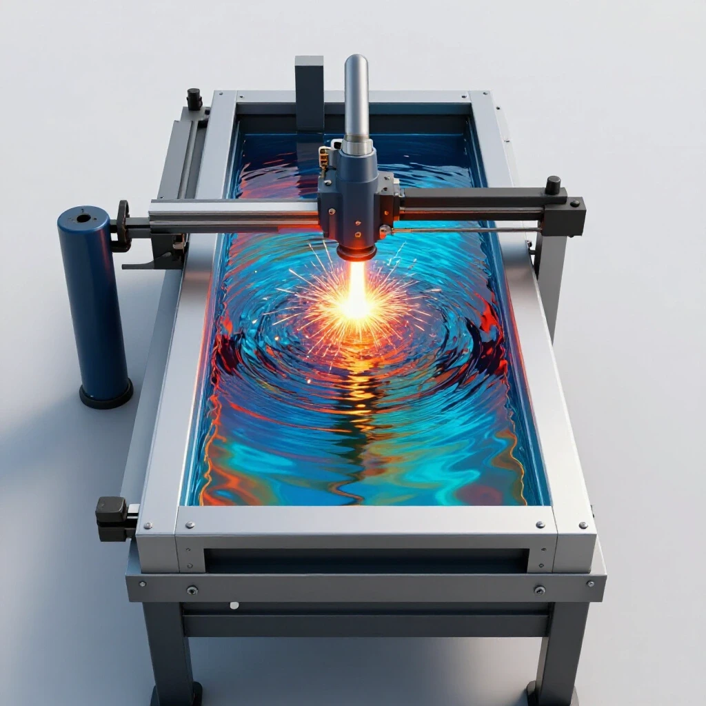 A vibrant 3D rendering of a water table for plasma cutting, surrounded by tools, emphasizing DIY fabrication.