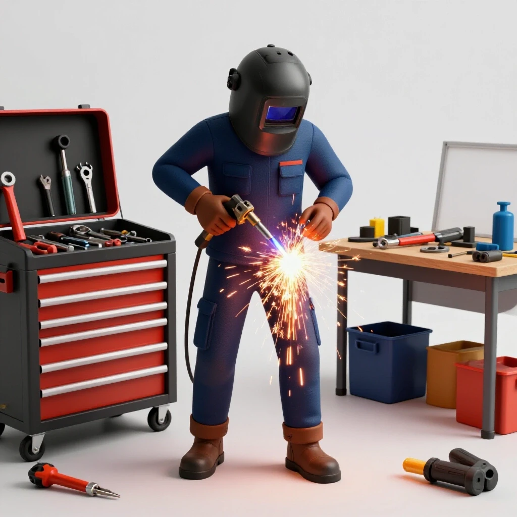 A vibrant and organized welding setup with sparks flying, contrasting upgraded tools and a cluttered workspace.