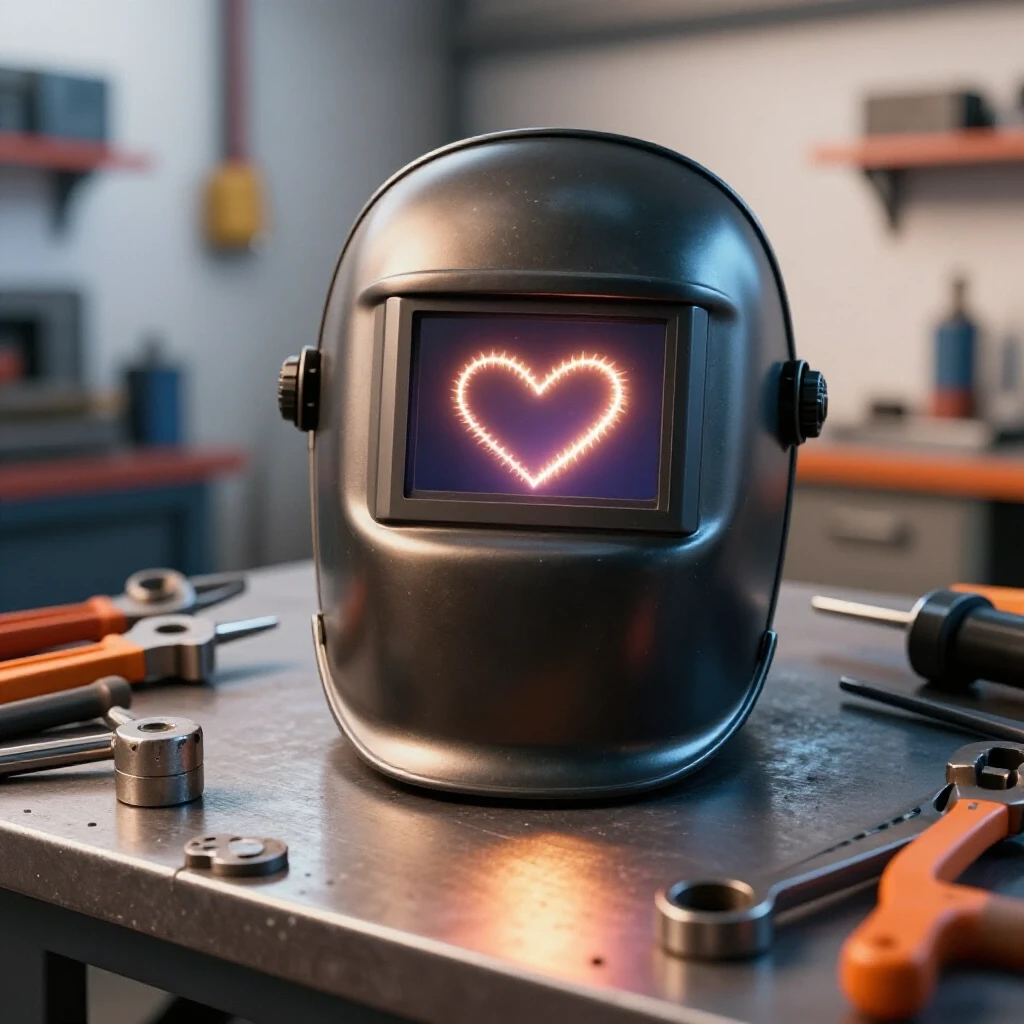 A welding helmet on a workbench surrounded by welding tools with a heart-shaped weld seam in the center.