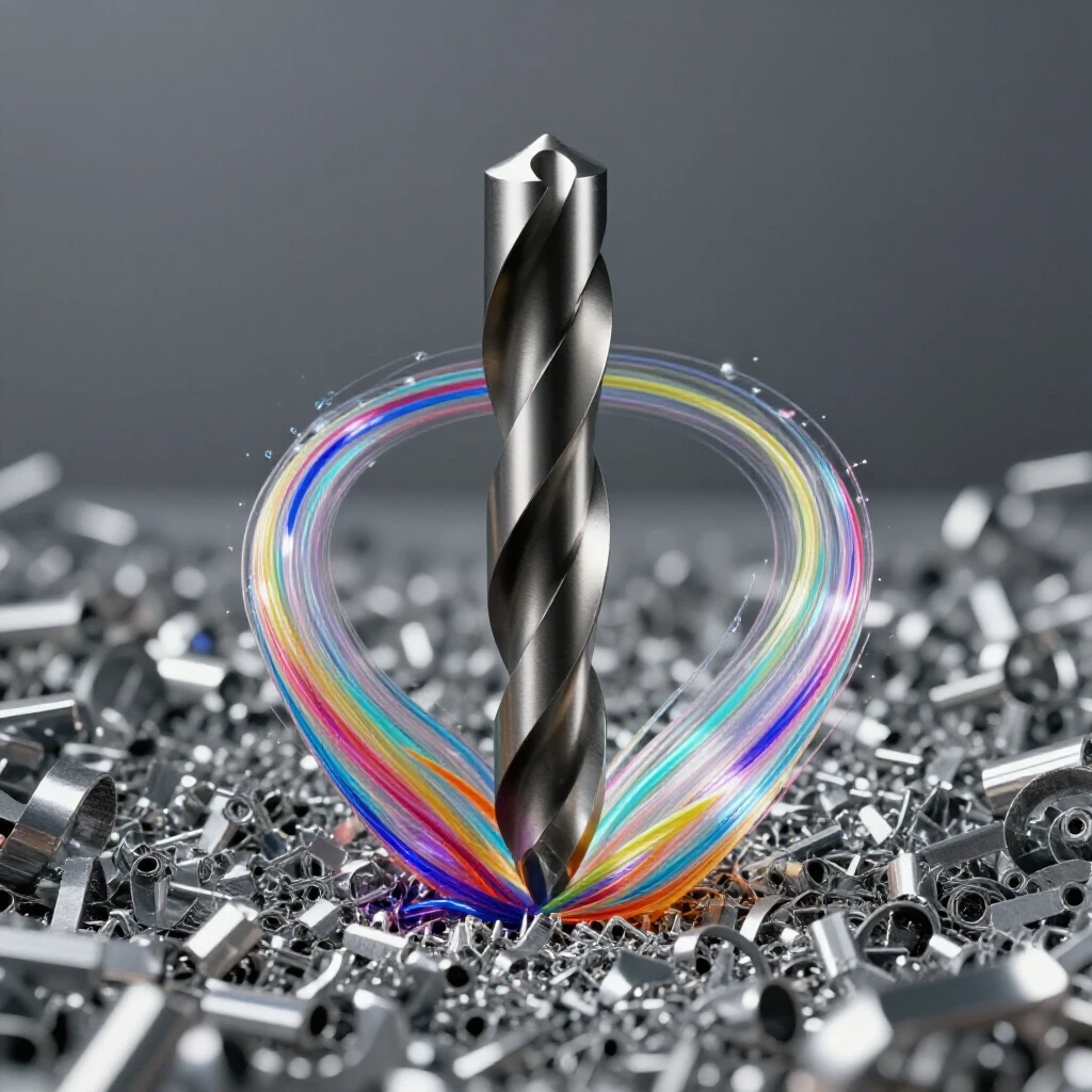 A vibrant drill bit surrounded by swirling cutting fluids, set against a backdrop of metal shavings.