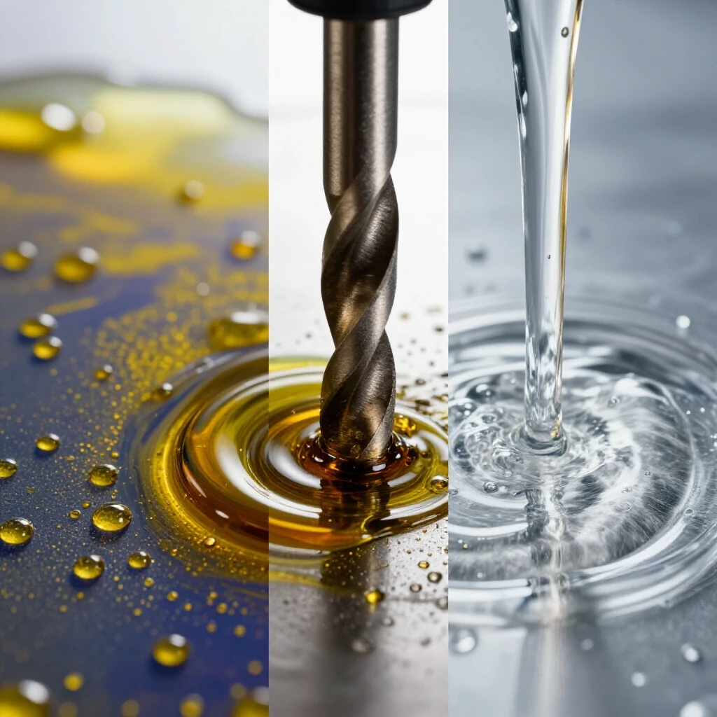 A split image depicting a drill bit cutting metal, one side in cutting oil, the other in water-soluble coolant, showcasing contrasting textures.