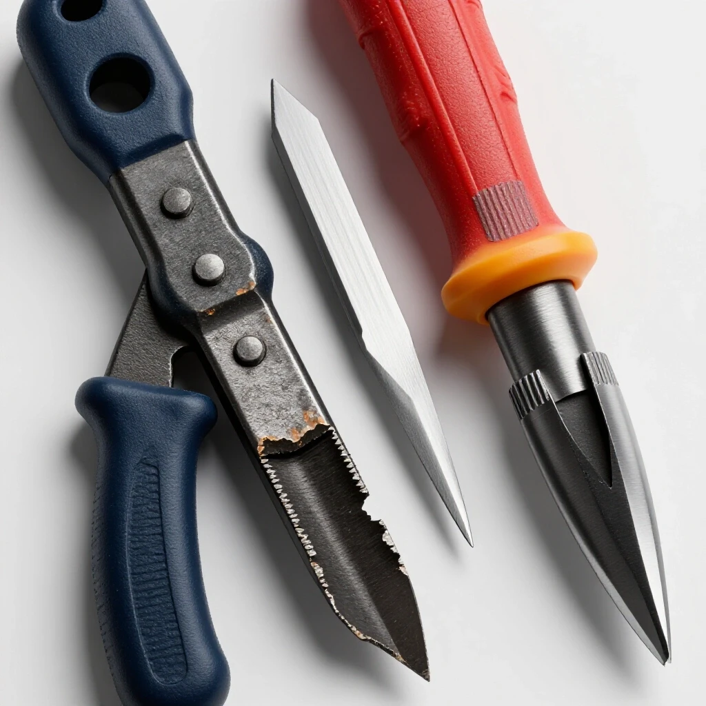 Close-up image of a worn cutting tool next to a sharp tool, highlighting wear signs against a bright background.
