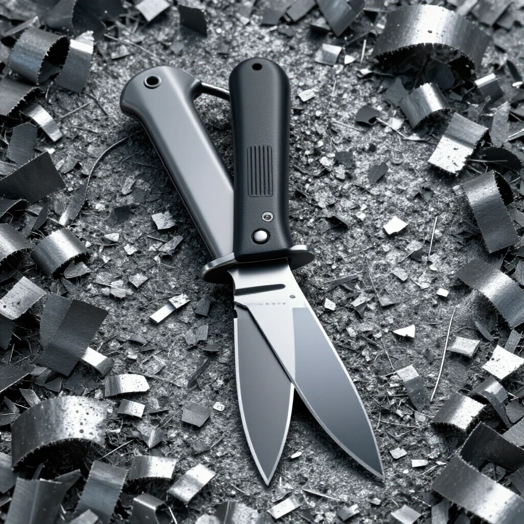 A detailed close-up of a gleaming steel marking knife on textured metal shavings, showcasing precision tools for metalworking.
