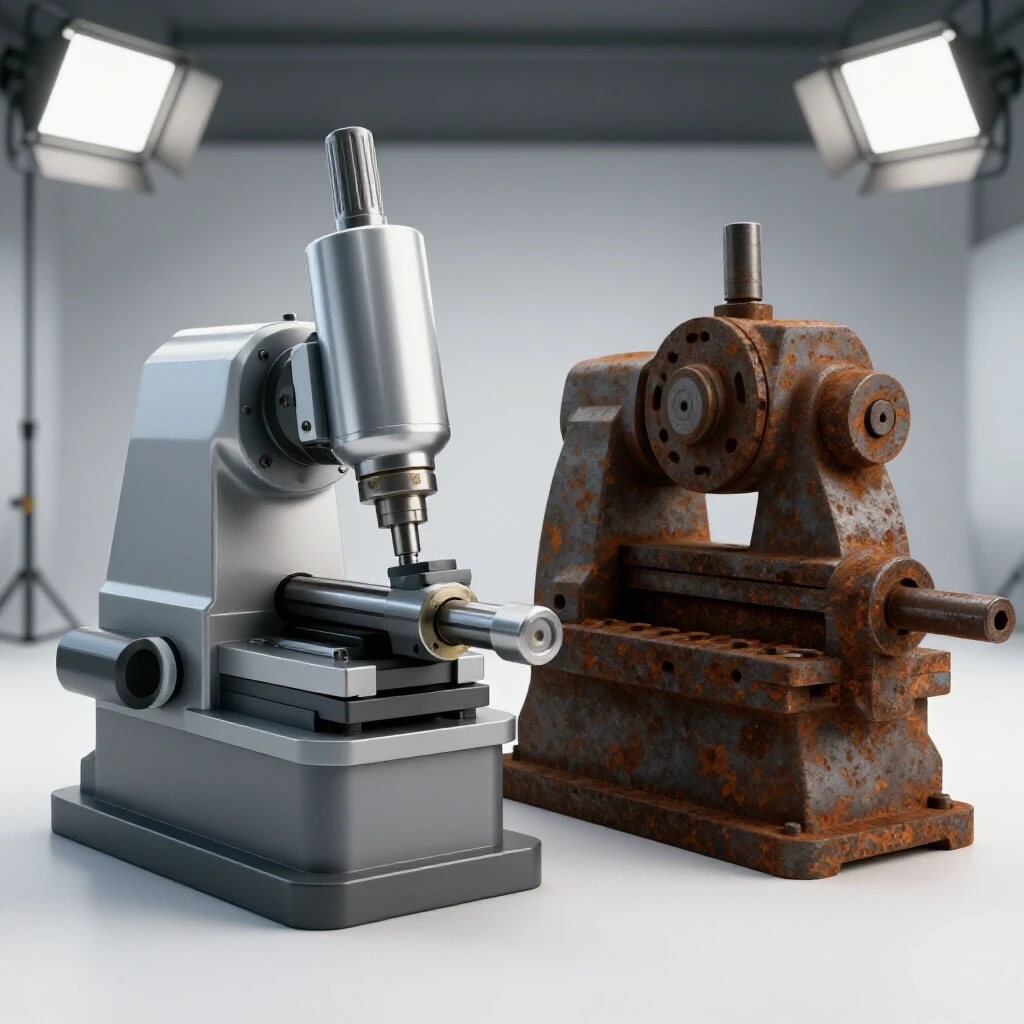 A polished metalworking machine tool juxtaposed with a rusty neglected tool, highlighting the importance of maintenance.