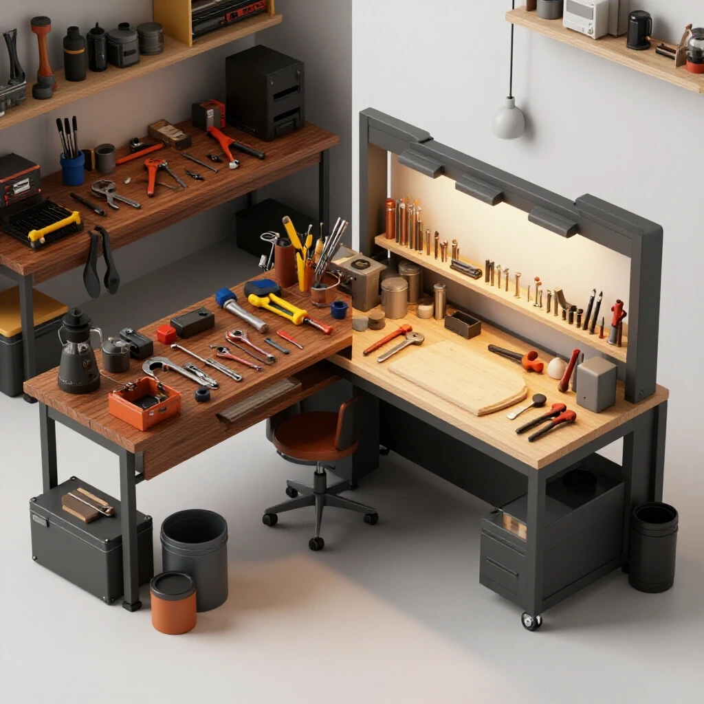 A comparison of a cluttered workshop versus a sleek fabrication shop, emphasizing organization and efficiency.