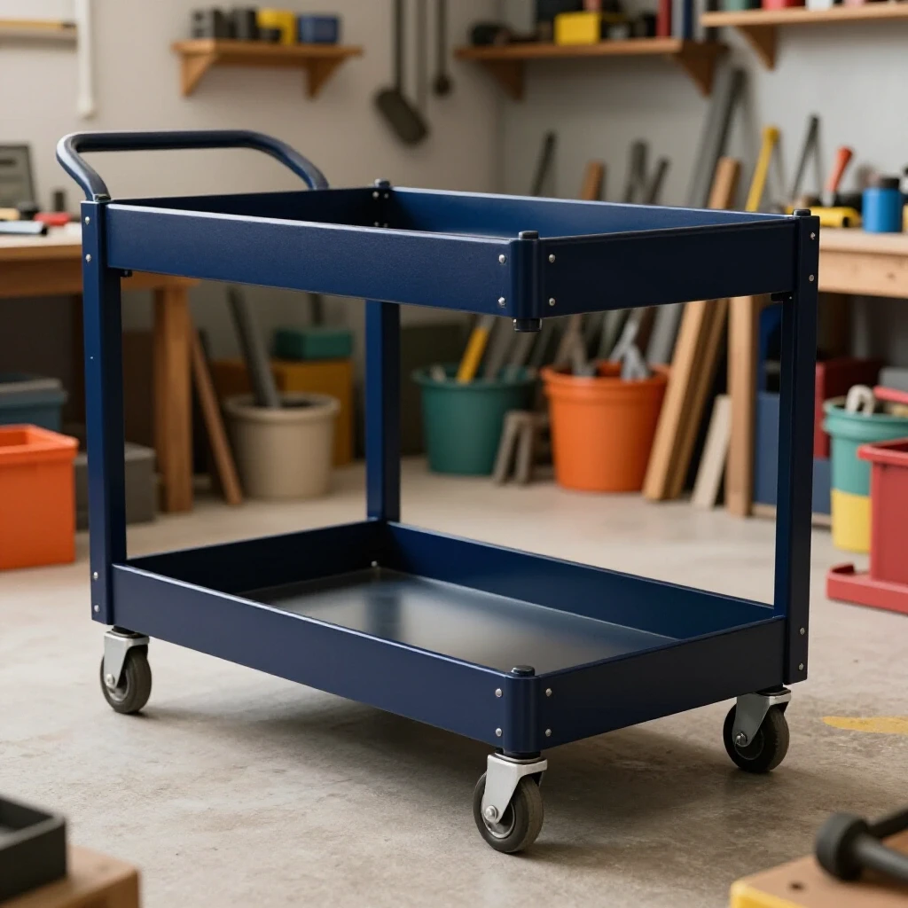 A partially assembled rolling cart base in a cluttered workshop, showcasing tools and materials, under bright lighting.