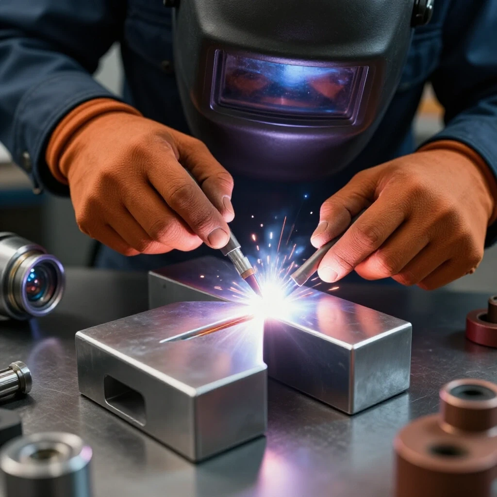 Close-up of a welder's hands assembling metal pieces with a glowing weld seam and gas lens components in a well-lit workshop.